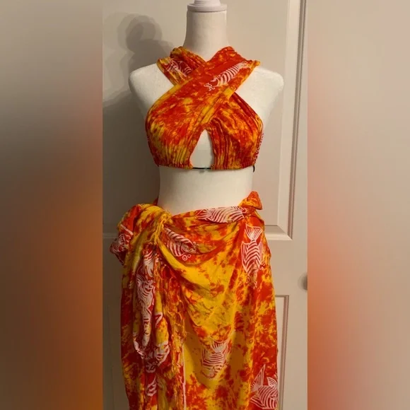 Bikini Top & Long Sarong Wrap Skirt, One Size, Orange, White & Yellow Color, EUC - Picture 2 of 10